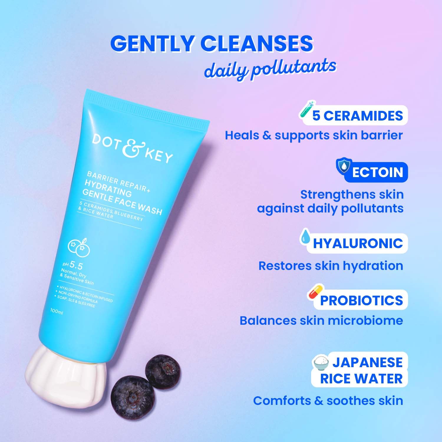 DOT & KEY Barrier Repair + Hydrating Gentle Face Wash With Probiotic | Ceremide Face Wash | For Dry Skin,Normal Skin&Sensitive Skin | Gently Cleanses Skin From Dirt & Oil For Unisex,175ML - Image 2