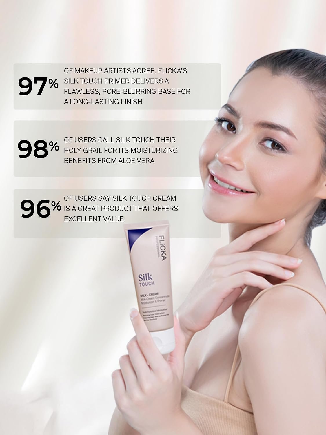 FLiCKA Silk Touch 3 in 1 Moisturizer and Primer for Face | Hydrating, Lightweight, Long-Lasting | Pore Minimizer | Dermatologically Tested | All Skin Types | Makeup Base | 60g | Cruelty-Free (Pack of 1) - Image 3